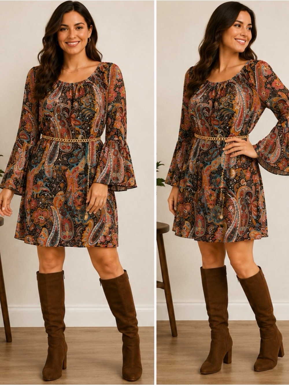 Paisley Bell-Sleeve Mini Dress in Brown